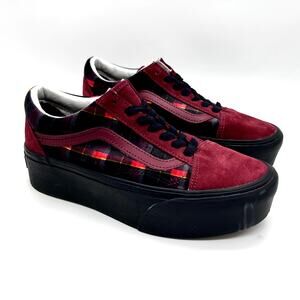 Vans Old Skool Stackform Platform Sneakers Red Plaid Velvet Skater Shoes size 7